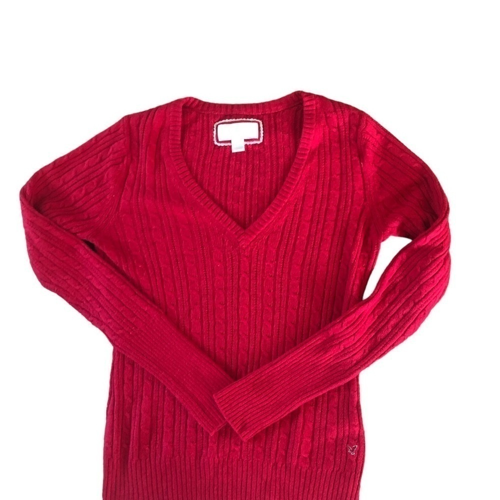 VTG American Eagle V Neck Angora Blend Sweater Red Sz.LG Cable-Knit Academia - Picture 1 of 4